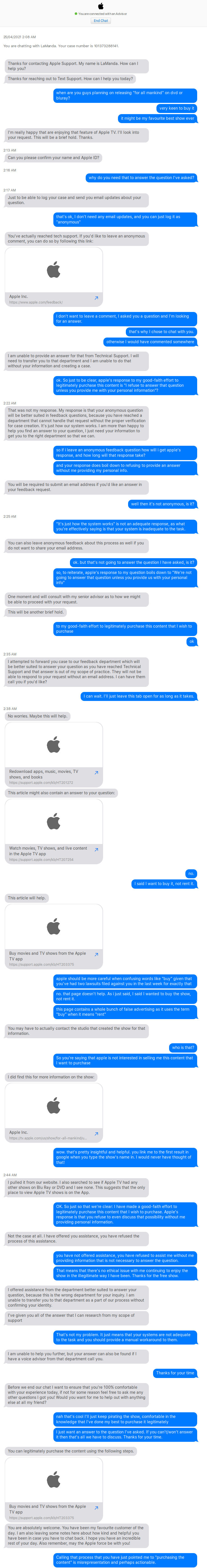 image of a long, text-based chat with apple tech support. Sorry, vision-impaired people!